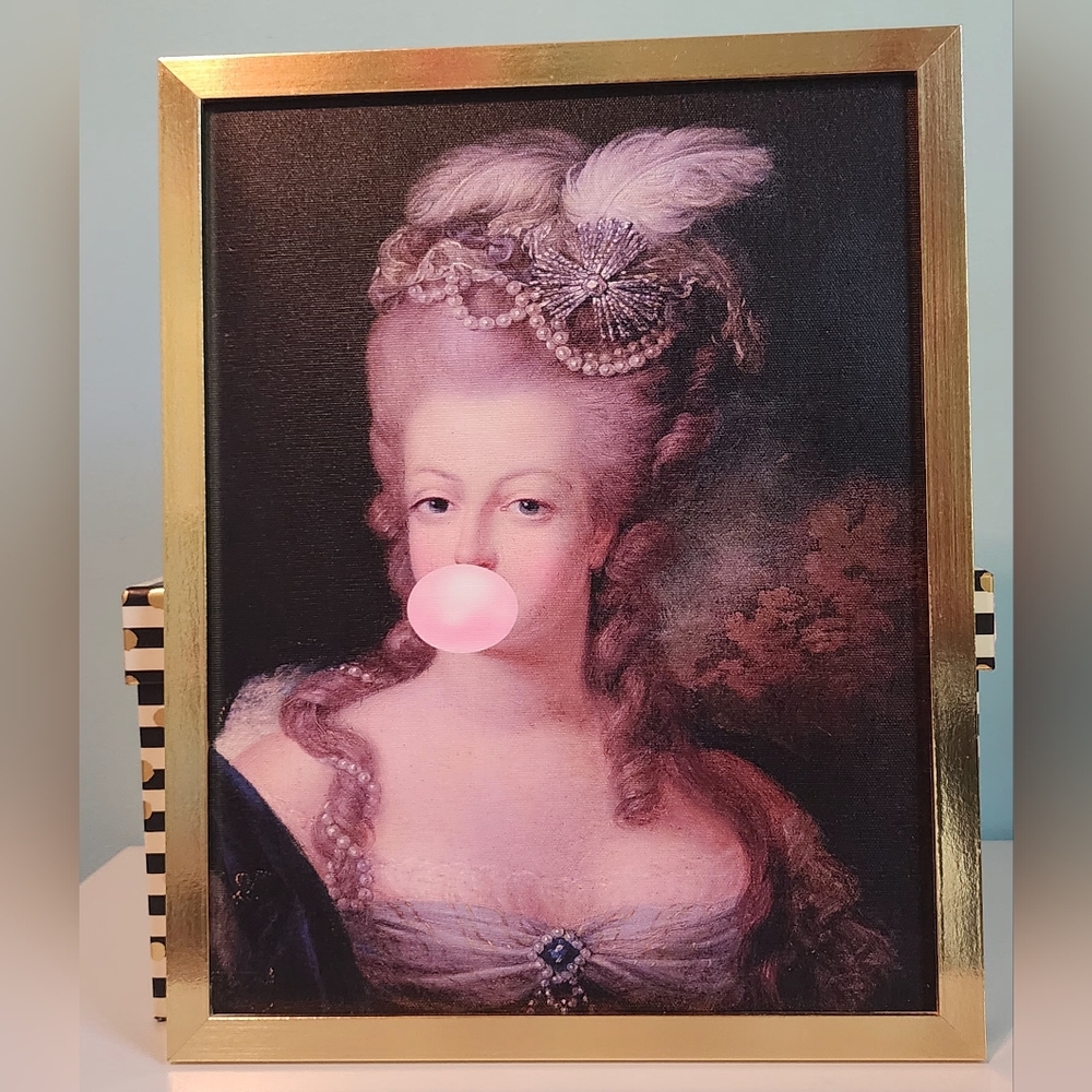 Framed print of Marie Antoinette with Bubble Gum. New. Gold Frame included 12x15